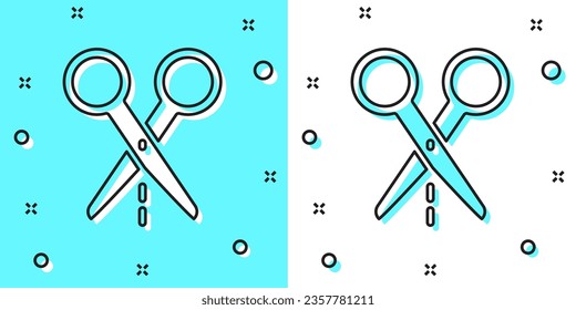 Black line Scissors with cut line icon isolated on green and white background. Tailor symbol. Cutting tool sign. Random dynamic shapes. Vector