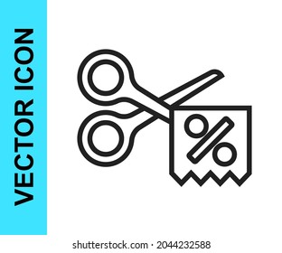 Black line Scissors cuts discount coupon icon isolated on white background. The concept of selling in an online supermarket at low prices or half the cost.  Vector