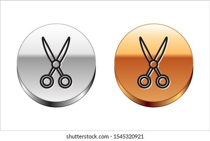 Black line Scissors hairdresser icon isolated on white background. Hairdresser, fashion salon and barber sign. Barbershop symbol. Silver-gold circle button. Vector Illustration