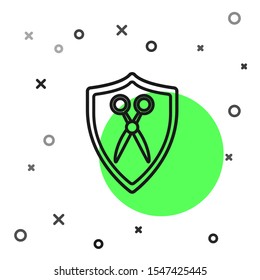 Black line Scissors hairdresser and shield icon isolated on white background. Hairdresser, fashion salon and barber sign. Barbershop symbol.  Vector Illustration
