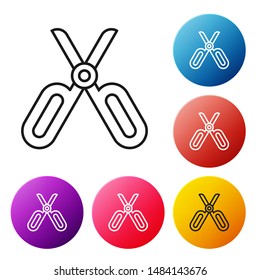Black line Scissors icon isolated on white background. Tailor symbol. Cutting tool sign. Set icons colorful circle buttons. Vector Illustration