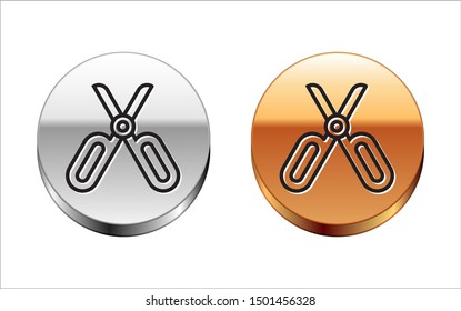 Black line Scissors icon isolated on white background. Tailor symbol. Cutting tool sign. Silver-gold circle button. Vector Illustration