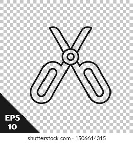 Black line Scissors icon isolated on transparent background. Tailor symbol. Cutting tool sign.  Vector Illustration