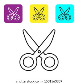 Black line Scissors icon isolated on white background. Cutting tool sign. Set icons colorful square buttons. Vector Illustration