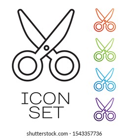 Black line Scissors icon isolated on white background. Cutting tool sign. Set icons colorful. Vector Illustration