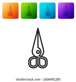 Black line Scissors icon isolated on white background. Cutting tool sign. Set icons in color square buttons. Vector Illustration