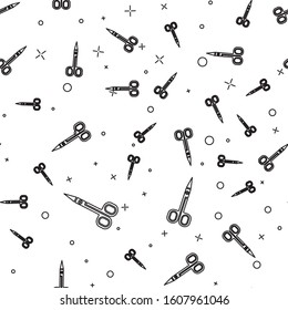 Black line Scissors icon isolated seamless pattern on white background. Cutting tool sign.  Vector Illustration