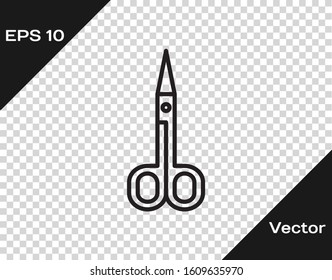 Black line Scissors icon isolated on transparent background. Cutting tool sign.  Vector Illustration
