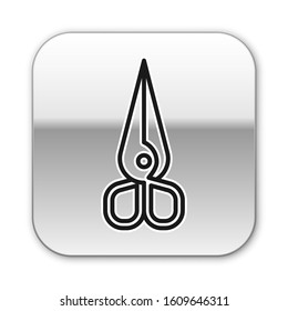 Black line Scissors icon isolated on white background. Cutting tool sign. Silver square button. Vector Illustration