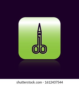 Black line Scissors icon isolated on black background. Cutting tool sign. Green square button. Vector Illustration
