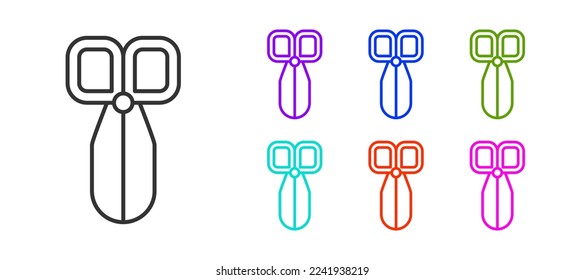 Black line Scissors icon isolated on white background. Cutting tool sign. Set icons colorful. Vector Illustration