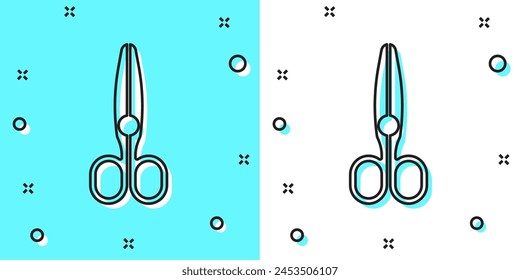 Black line Scissors icon isolated on green and white background. Tailor symbol. Cutting tool sign. Random dynamic shapes. Vector