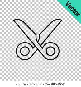 Black line Scissors icon isolated on transparent background. Cutting tool sign.  Vector