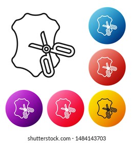 Black line Scissors and leather icon isolated on white background. Tailor symbol. Cutting tool sign. Set icons colorful circle buttons. Vector Illustration
