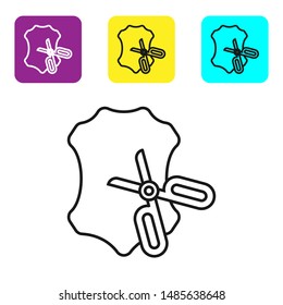 Black line Scissors and leather icon isolated on white background. Tailor symbol. Cutting tool sign. Set icons colorful square buttons. Vector Illustration