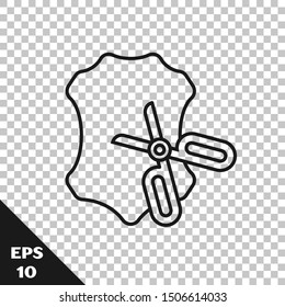 Black line Scissors and leather icon isolated on transparent background. Tailor symbol. Cutting tool sign.  Vector Illustration