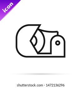 Black line Scotch icon isolated on white background. Roll of adhesive tape for work and repair. Sticky packing tape. Office tool and stuff.  Vector Illustration