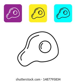 Black line Scrambled eggs icon isolated on white background. Home cooked food, fried egg, healthy breakfast, omelet icon. Set icons colorful square buttons. Vector Illustration