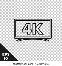 Black line Screen tv with 4k Ultra HD video technology icon isolated on transparent background.  Vector Illustration