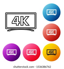 Televisión de pantalla en línea negra con icono de tecnología de vídeo Ultra HD de 4 k aislado en fondo blanco. Establezca los iconos de los botones de círculo coloridos. Ilustración vectorial
