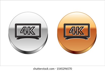 Black line Screen tv with 4k Ultra HD video technology icon isolated on white background. Silver-gold circle button. Vector Illustration