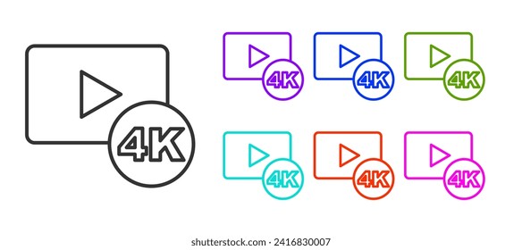 Black Line Screen TV mit 4k Ultra HD Videotechnologie Symbol einzeln auf weißem Hintergrund. Stellen Sie die Symbole bunt ein. Vektorgrafik