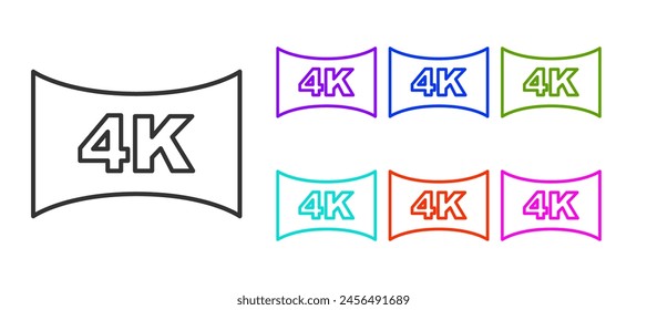 Black line Screen tv with 4k Ultra HD video technology icon isolated on white background. Set icons colorful. Vector