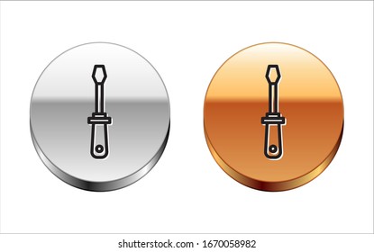 Black line Screwdriver icon isolated on white background. Service tool symbol. Silver-gold circle button. Vector Illustration