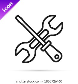 Black line Screwdriver and wrench spanner tools icon isolated on white background. Service tool symbol.  Vector