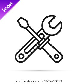 Black line Screwdriver and wrench tools icon isolated on white background. Service tool symbol.  Vector Illustration