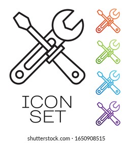 Schwarzer Schraubendreher und Schraubenschlüssel Symbol einzeln auf weißem Hintergrund. Symbol für Service-Tools. Symbole bunt festlegen. Vektorillustration-Illustration
