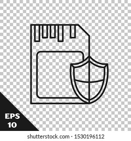 Black line SD card and shield icon isolated on transparent background. Memory card. Adapter icon. Security, safety, protection, privacy concept.  Vector Illustration