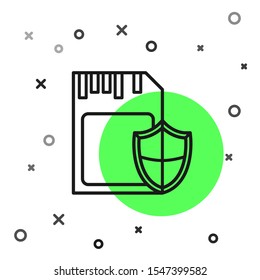 Black line SD card and shield icon isolated on white background. Memory card. Adapter icon. Security, safety, protection, privacy concept.  Vector Illustration