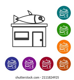Schwarze Linie Seafood-Geschäft Symbol einzeln auf weißem Hintergrund. Fassade des Marktes für Meeresfrüchte. Symbole in den Farbkreisknöpfen einstellen. Vektorgrafik