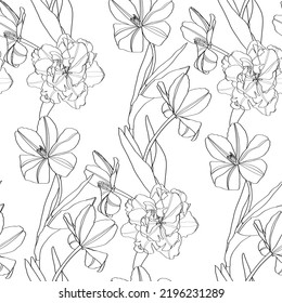 Black line seamless floral pattern background. Spring flower. Hand drawn illustration and sketch Tulips flower. Black and white with line art illustration.