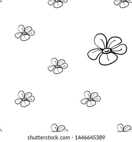 Black line seamless pattern with simple flower. Simple doodle hand drawn art. Vector linear design on white background.