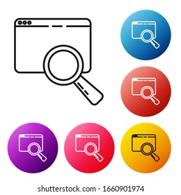 Black line Search in a browser window icon isolated on white background. Set icons colorful circle buttons. Vector Illustration