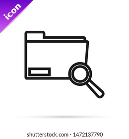 Black line Search concept with folder icon isolated on white background. Magnifying glass and document. Data and information sign.  Vector Illustration