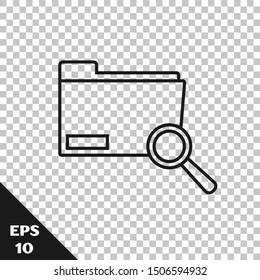 Black line Search concept with folder icon isolated on transparent background. Magnifying glass and document. Data and information sign.  Vector Illustration