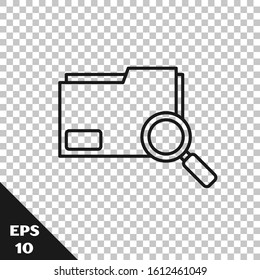 Black line Search concept with folder icon isolated on transparent background. Magnifying glass and document. Data and information sign.  Vector Illustration