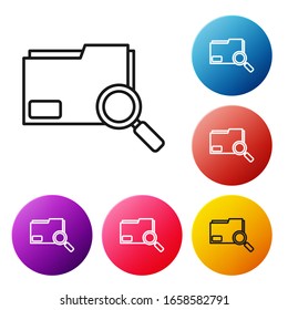 Concepto de búsqueda en línea negra con icono de carpeta aislado en fondo blanco. Vidrio y documento de aumento. Signo de datos e información. Establezca los iconos de los botones de círculo coloridos.  Ilustración vectorial
