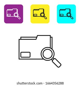 Black line Search concept with folder icon isolated on white background. Magnifying glass and document. Data and information sign. Set icons colorful square buttons. Vector Illustration