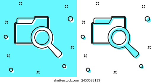 Black line Search concept with folder icon isolated on green and white background. Magnifying glass and document. Data and information sign. Random dynamic shapes. Vector
