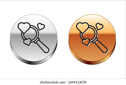 Black line Search heart and love icon isolated on white background. Magnifying glass with heart inside. Silver-gold circle button. Vector Illustration