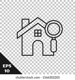 Black line Search house icon isolated on transparent background. Real estate symbol of a house under magnifying glass.  Vector Illustration