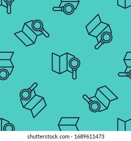 Black line Search location icon isolated seamless pattern on green background. Magnifying glass with pointer sign.  Vector Illustration