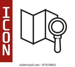 Black line Search location icon isolated on white background. Magnifying glass with pointer sign.  Vector Illustration