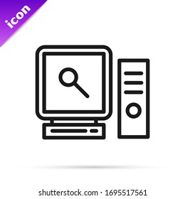 Black line Search on computer screen icon isolated on white background. Screen and magnifying glass.  Vector Illustration