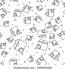 Black line Search package icon isolated seamless pattern on white background. Parcel tracking symbol. Magnifying glass and cardboard box. Logistic and delivery.  Vector Illustration