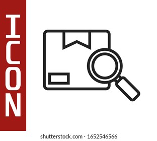 Schwarze Linie Suche Paket Symbol einzeln auf weißem Hintergrund. Paketverfolgung. Gläserner Glas und Karton. Logistik und Lieferung. Vektorillustration-Illustration